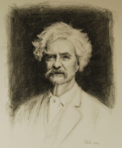 Charcoal of Mark Twain by charcoal portrait artist Sonia Hale, hand drawn portraits.