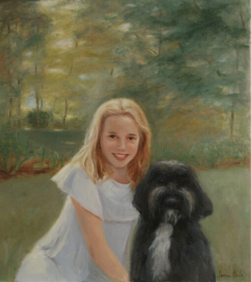 Oil portraits, portrait artist, girl with dog painting